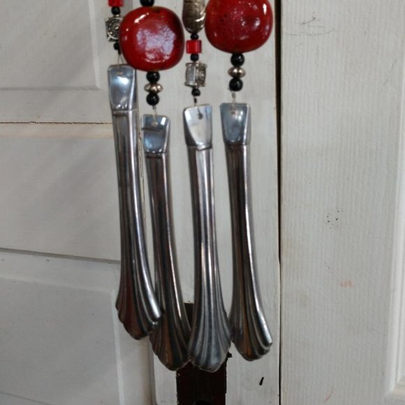 Red/Silver/Black Beads Upcycled Recycled Silverware Windchime-handmade - Picture 4 of 8